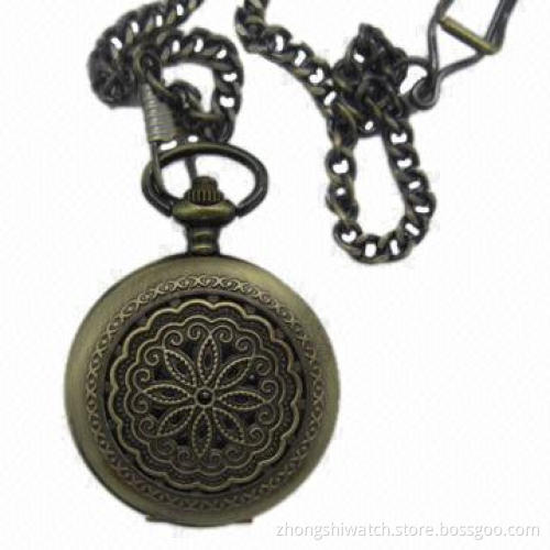 Classic Flower Bronze Pocket Watch, Free Chain, Best Gifts for Lady, Japan Quartz Movement